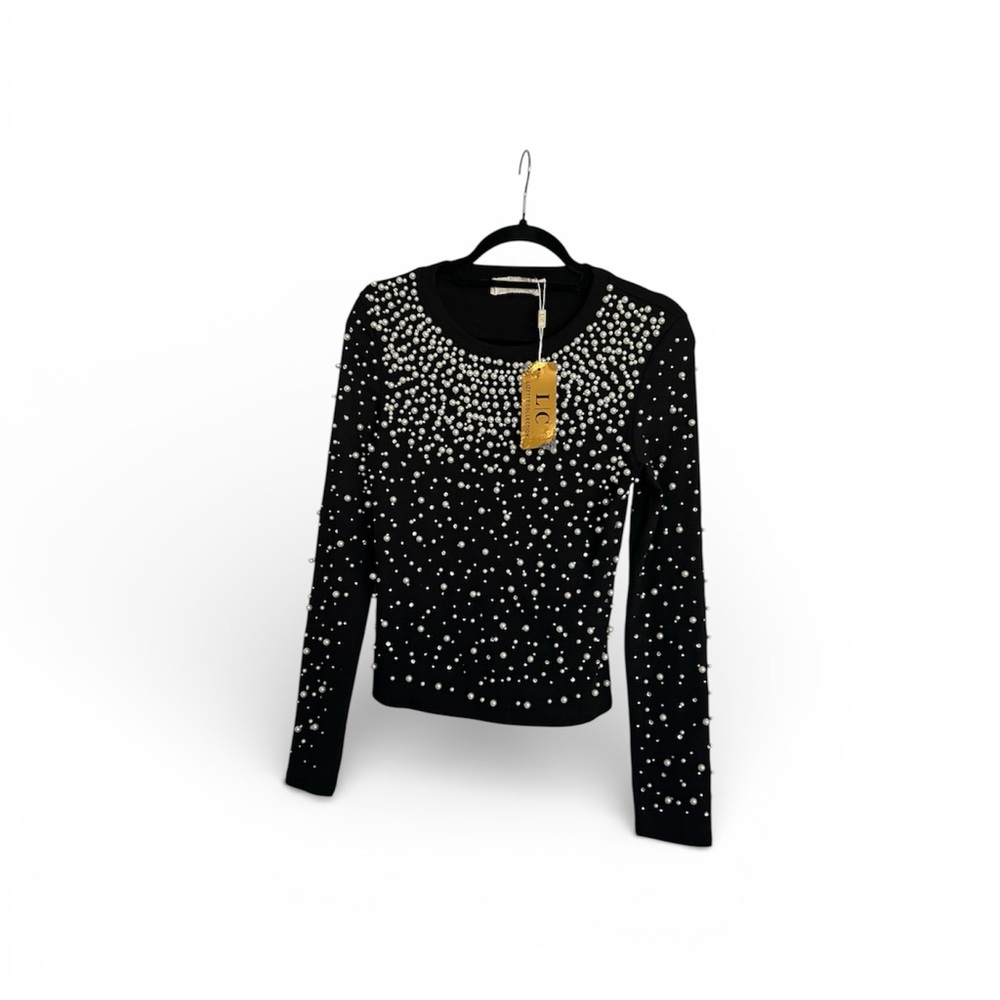 Elegant Black and White Beaded Long Sleeve Top